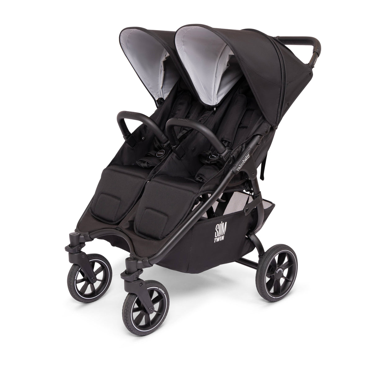 Valco Baby Slim Twin double stroller in black with dual canopies and storage basket