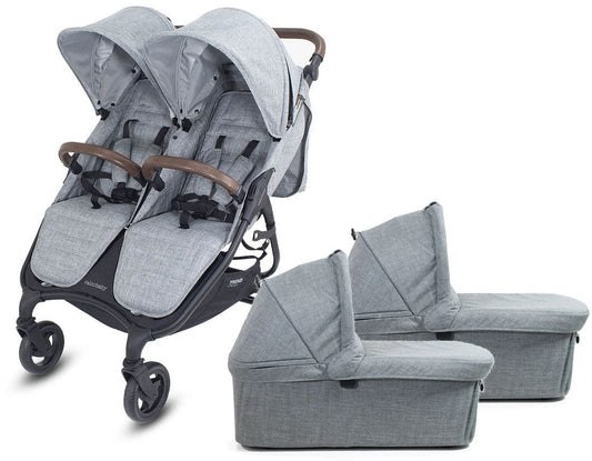 Valco 2025 Trend Duo Twin Side by Side Double Stroller + Bassinet Bundle - Grey Marle / Grey Marle - TWIN-N9938-N9936