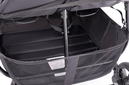 Black Valco stroller storage basket with mesh sides