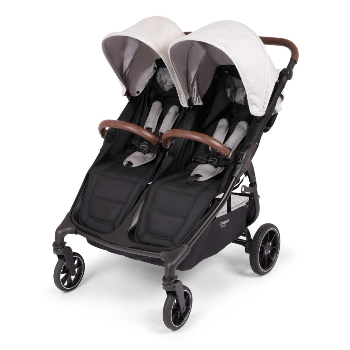 Valco Trend Duo double stroller with black seats and cream canopies