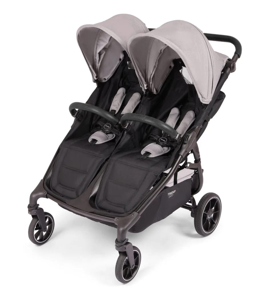 Valco Trend Duo double stroller with black seats and grey canopies