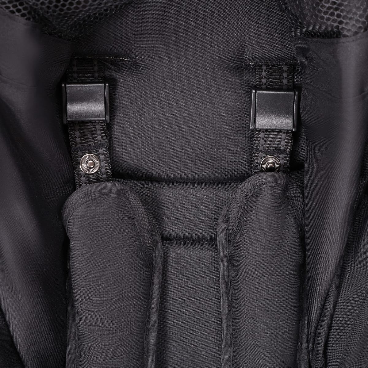 Valco stroller harness straps with black fabric padding and metal snap buttons