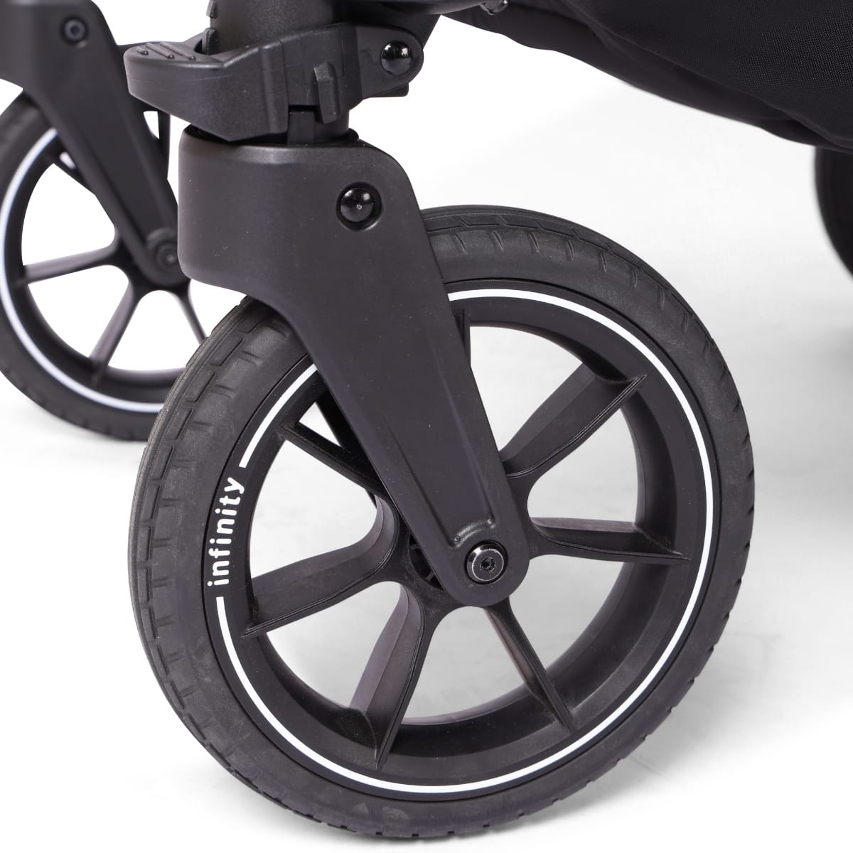 Valco stroller front wheel with black rim and infinity branding