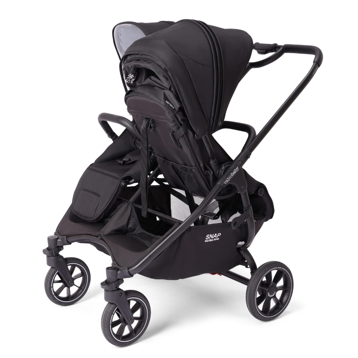 Valco Baby Snap Ultra Duo black double stroller with adjustable seats and storage basket