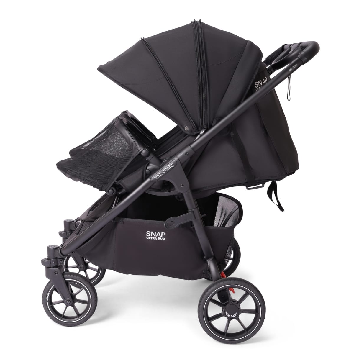 Valco Baby Snap Ultra Duo stroller in black with adjustable canopy and storage basket