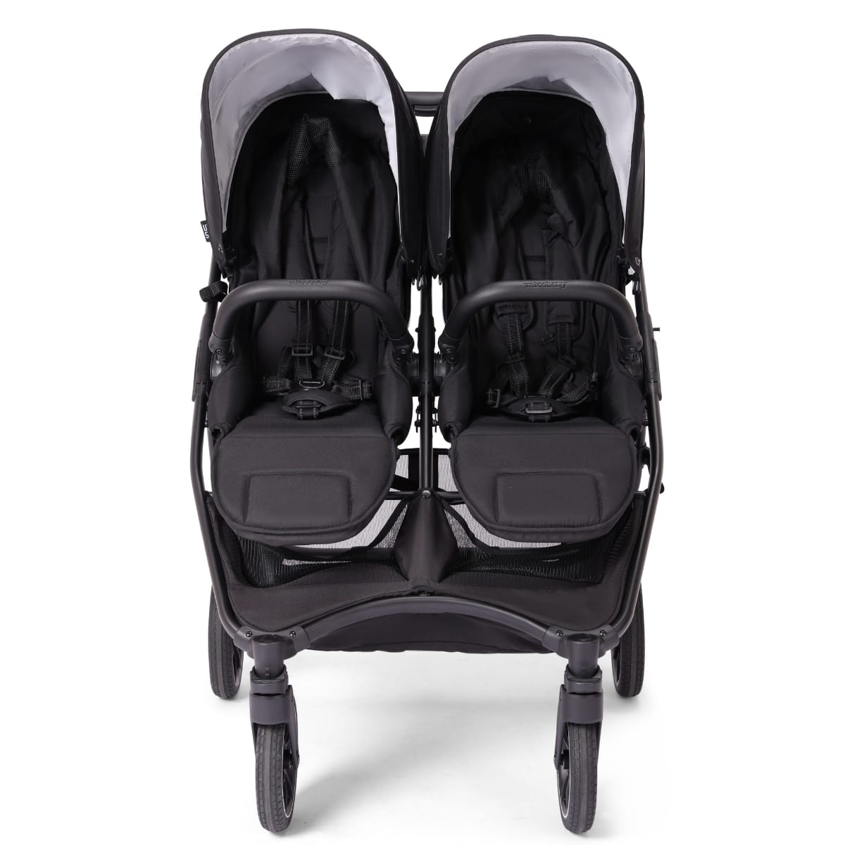 Valco double stroller in black with two seats and adjustable canopies
