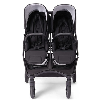 Valco double stroller in black with two seats and adjustable canopies