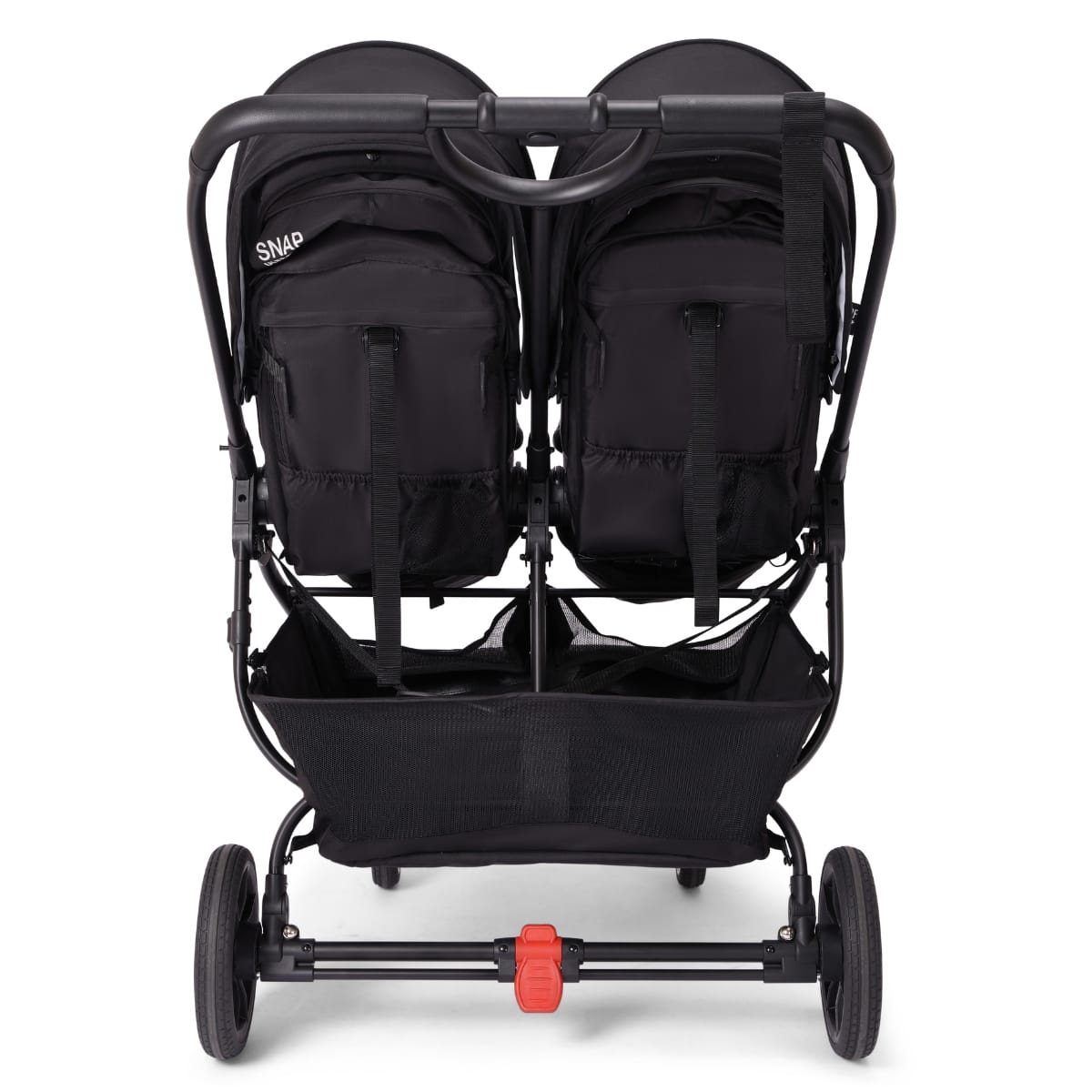 Rear view of black Valco Snap double stroller with storage basket and red brake pedal