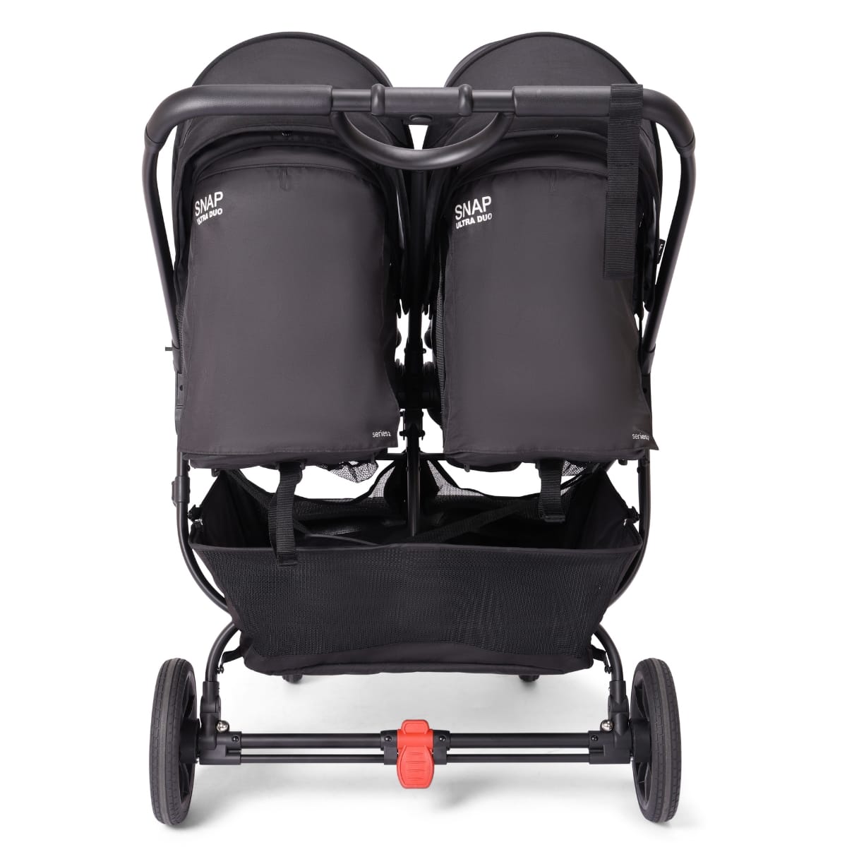 Rear view of Valco Snap Ultra Duo black double stroller with storage basket