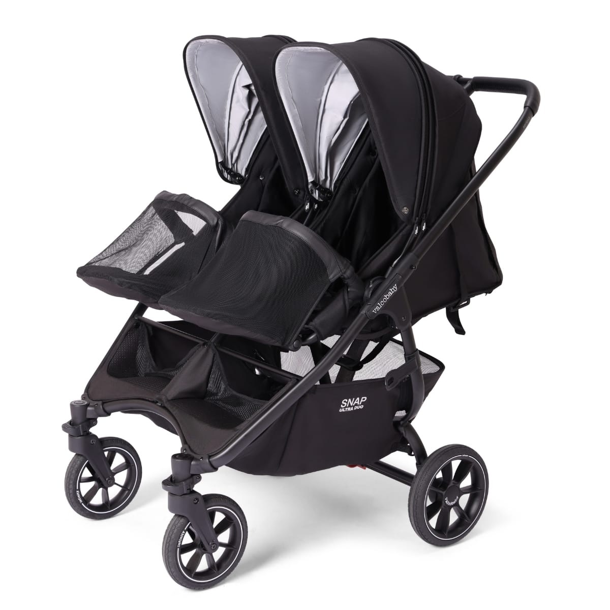 Valco Baby Snap Ultra Duo double stroller in black with adjustable canopies and under seat storage