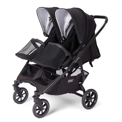 Valco Baby Snap Ultra Duo double stroller in black with adjustable canopies and under seat storage