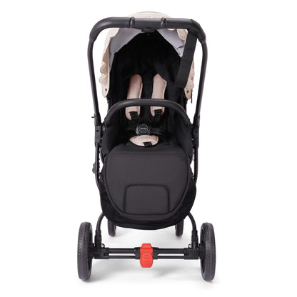 Valco baby stroller with black frame and beige canopy