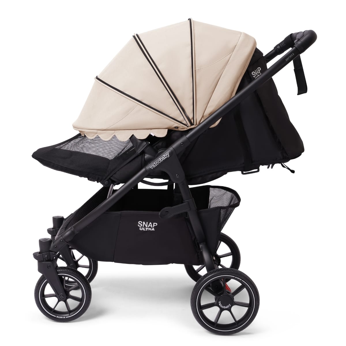 Valco Snap Ultra stroller with black frame and beige canopy