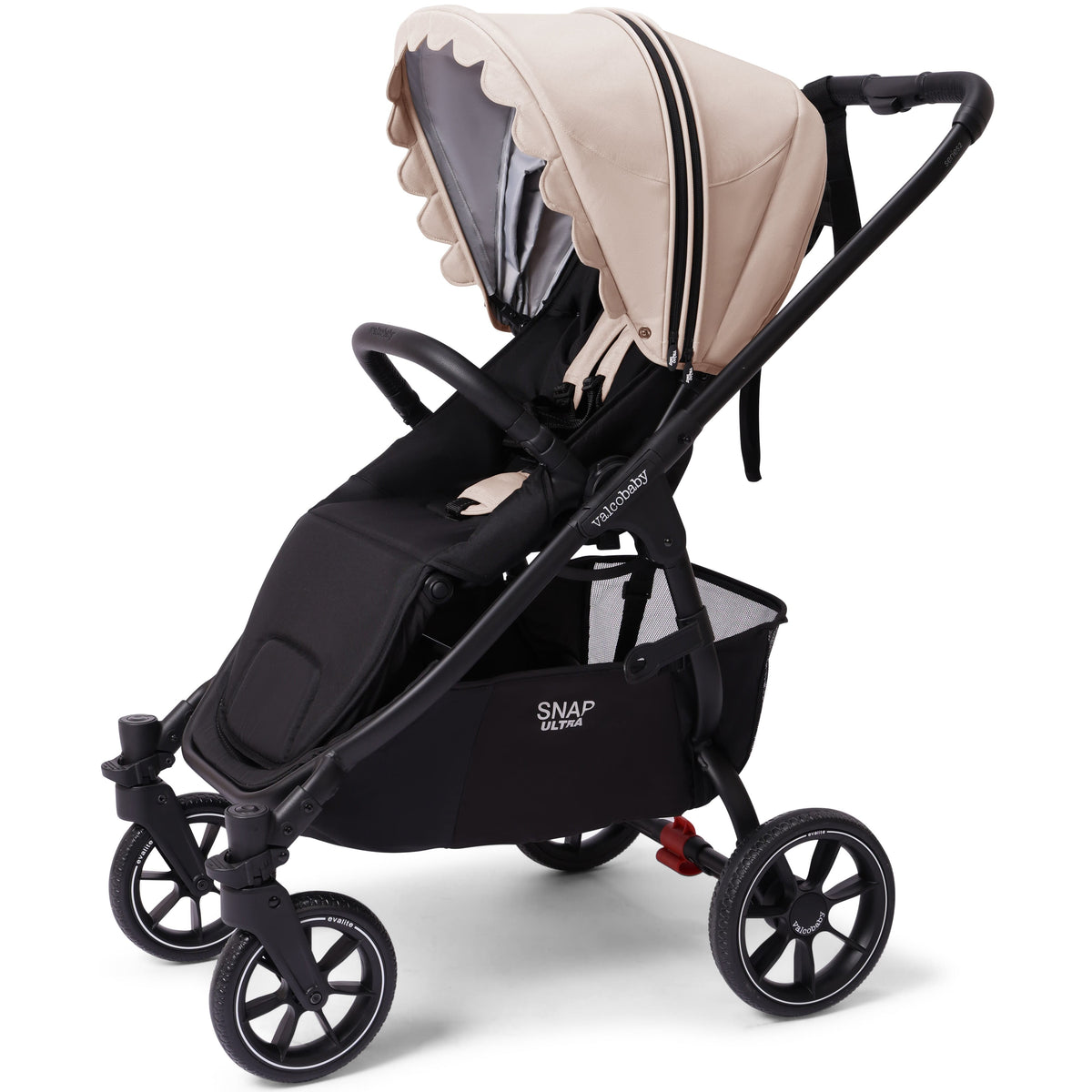 Valco Baby Snap Ultra stroller with black frame and beige scalloped canopy