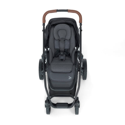 Veer stroller with grey seat and brown leather handlebar viewed from above