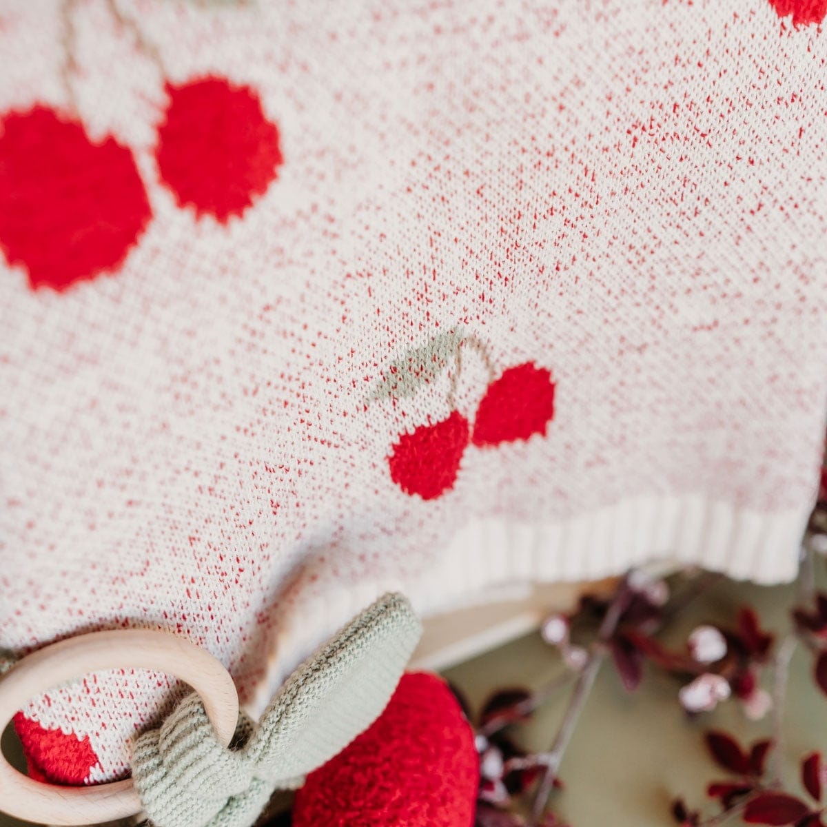 Viverano Organics Cherry Organic Baby Blanket + Ring Rattle Toy Gift Set - Natural, One Size