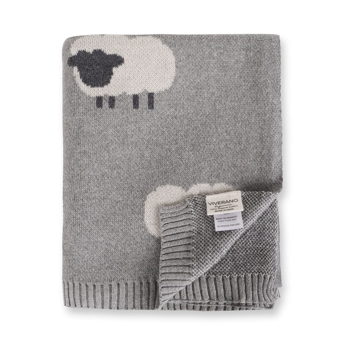 Viverano Organics Grey Woolly Lamb - 3D Jacquard Sweater Knit Baby Blanket (Organic Cotton) - Grey Heather, One Size