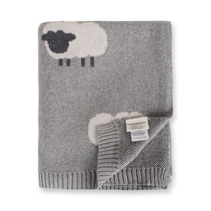 Viverano Organics Grey Woolly Lamb - 3D Jacquard Sweater Knit Baby Blanket (Organic Cotton) - Grey Heather, One Size