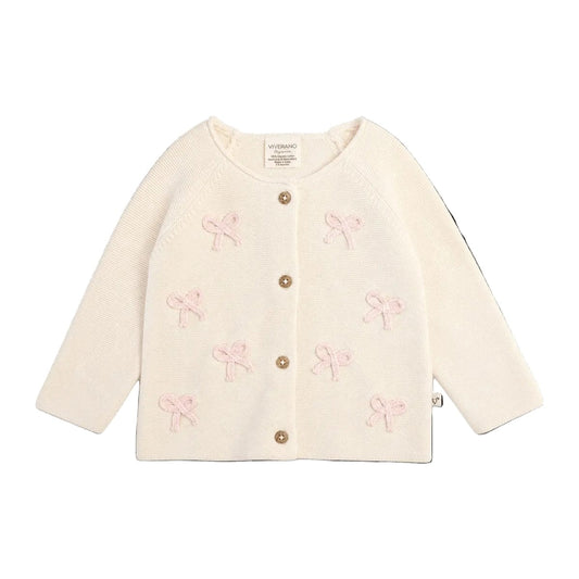 Viverano Organics Zoe Bow Sweater Knit Baby Button Cardigan (Organic Cotton) - Natural, 3-6M