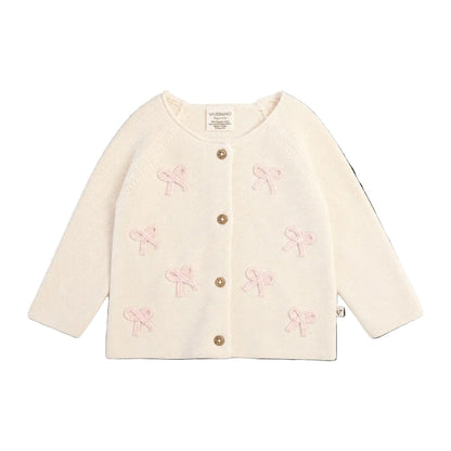 Viverano Organics Zoe Bow Sweater Knit Baby Button Cardigan (Organic Cotton) - Natural, 6-12M