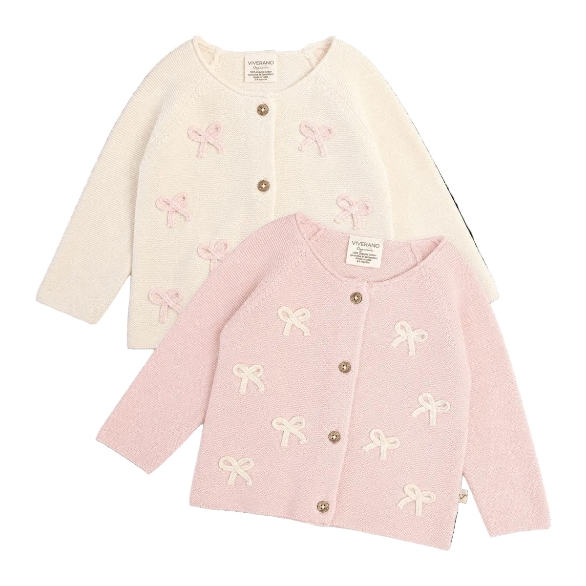 Viverano Organics Zoe Bow Sweater Knit Baby Button Cardigan (Organic Cotton) - Natural, 6-12M