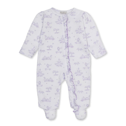 Kissy Kissy white footie with purple fairy tale print and ruffled front trim