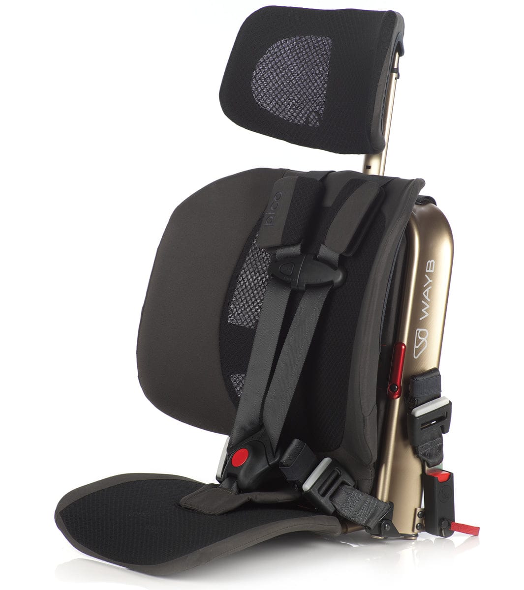 Black mesh belt-positioning booster car seat by WAYB, featuring adjustable headrest and gold frame, side view with red buckle accents.