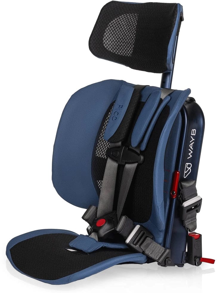 Midnight blue belt-positioning booster car seat by WAYB, featuring mesh backrest, adjustable headrest, and side impact protection, shown in side view.