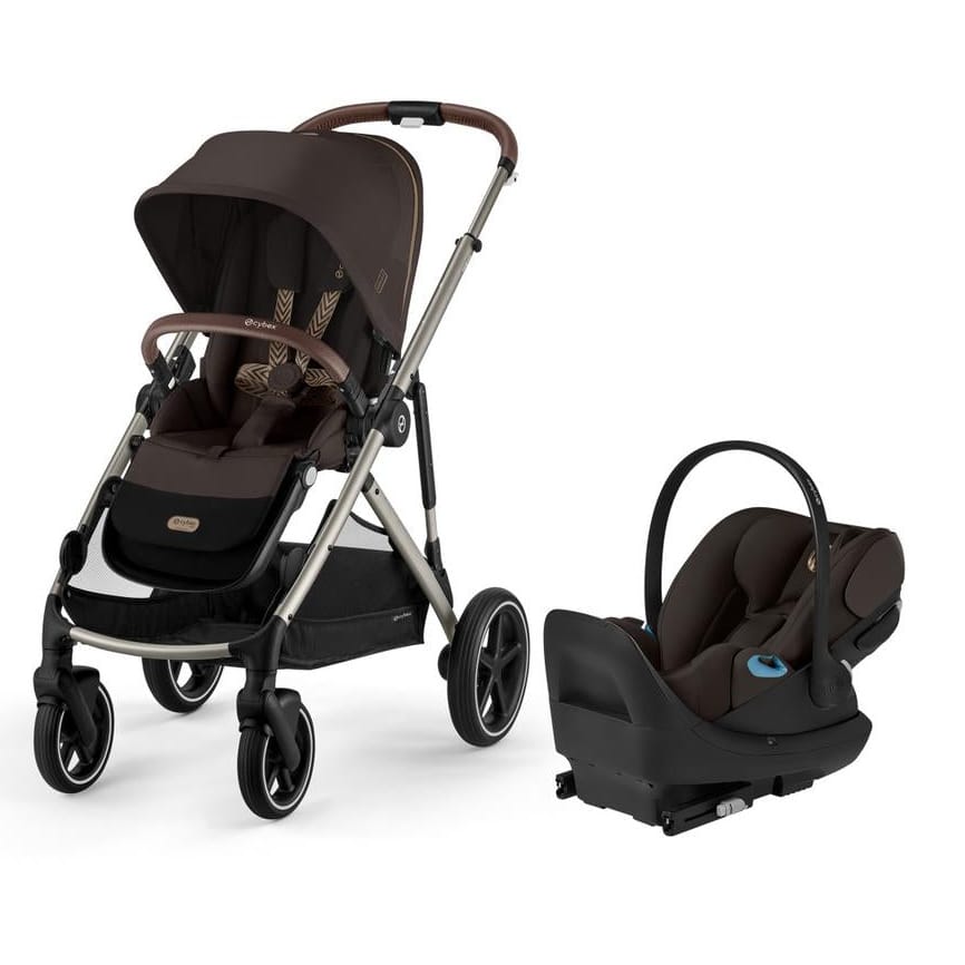 Cybex brown stroller and matching infant car seat on white background