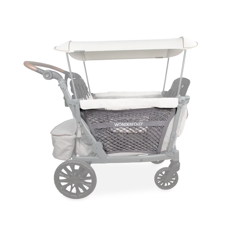 WonderFold stroller wagon with cream canopy and grey mesh side panel