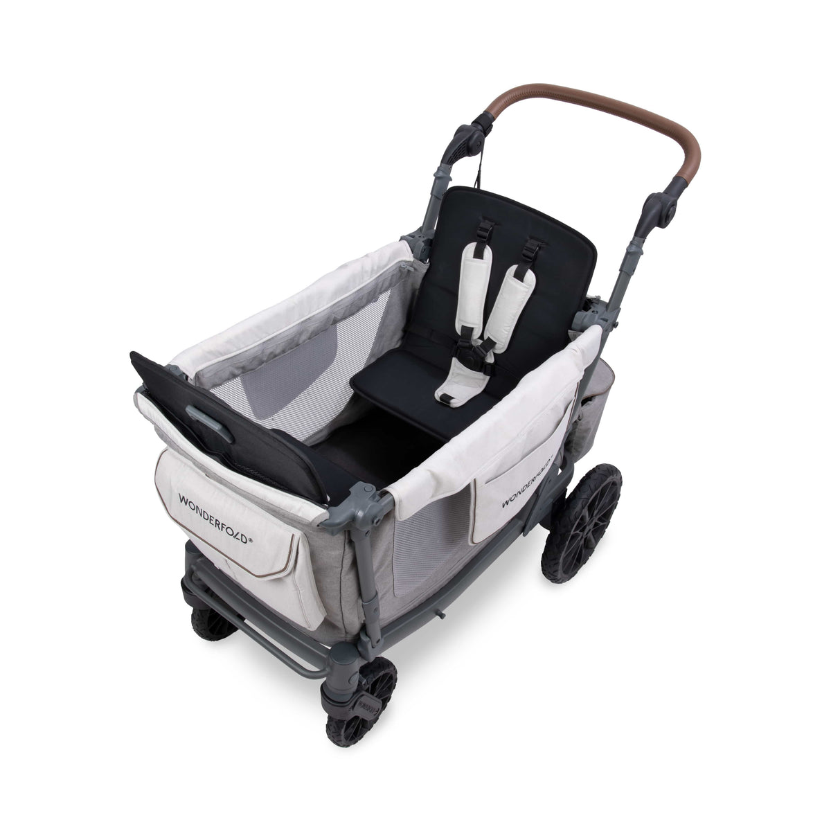 WonderFold stroller wagon with grey fabric and black seat with harness
