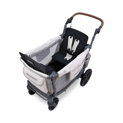 WonderFold stroller wagon with grey fabric and black seat with harness