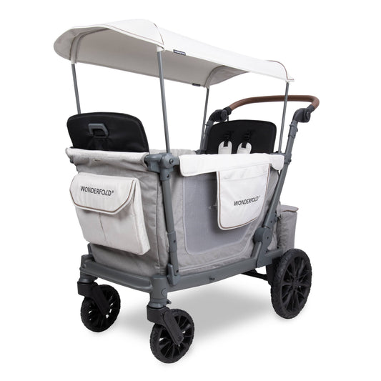 WonderFold grey and white stroller wagon with canopy and storage pockets
