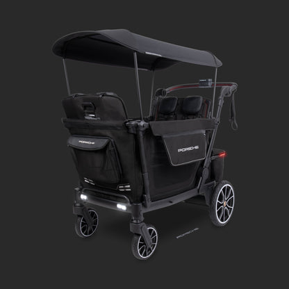 WonderFold Porsche edition black stroller wagon with canopy and branded storage bags