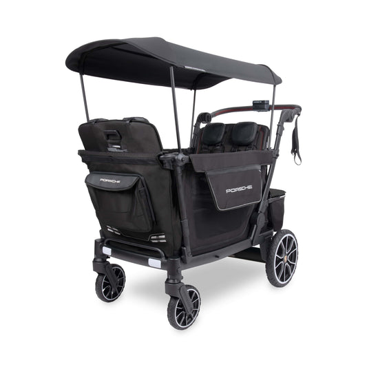 WonderFold Porsche edition stroller wagon with black canopy and wheels