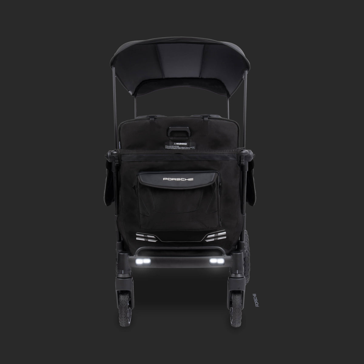 WonderFold Porsche stroller wagon with black canopy and storage pocket