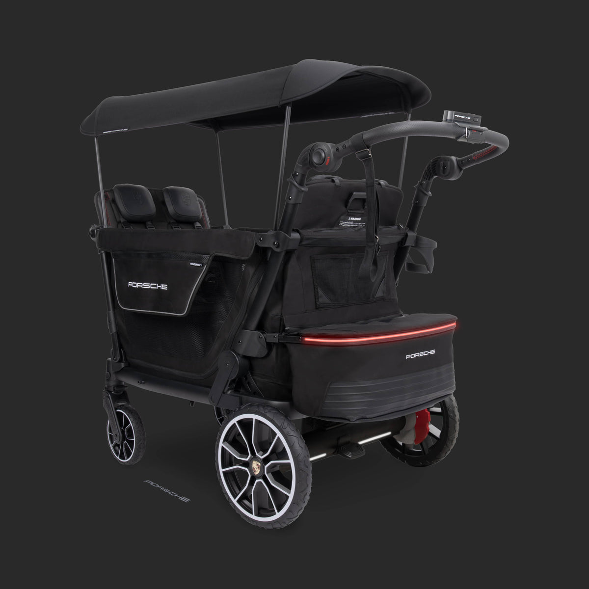 WonderFold Porsche stroller wagon with black canopy and wheels