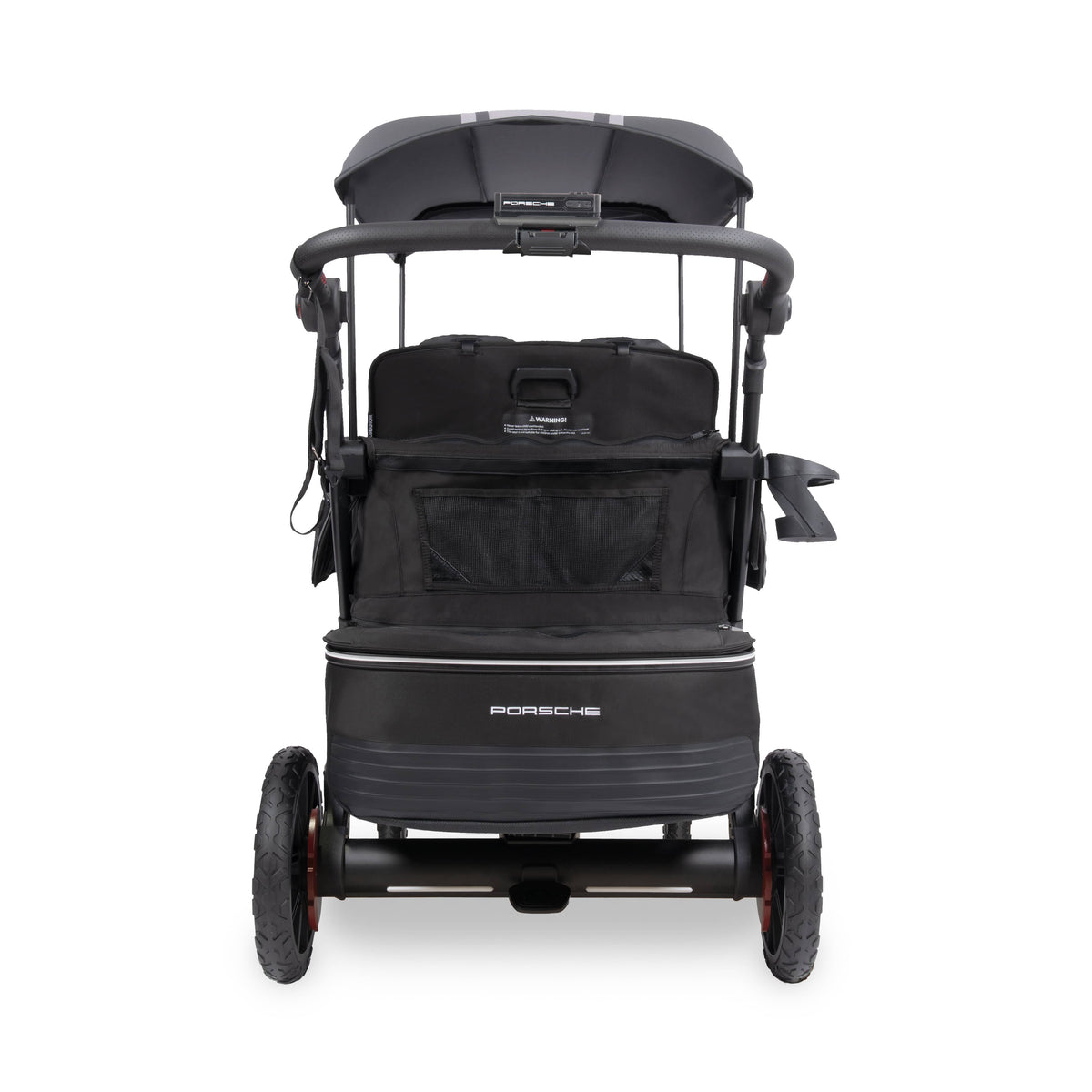 WonderFold Porsche edition stroller wagon rear view with black canopy and storage compartment