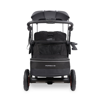 WonderFold Porsche edition stroller wagon rear view with black canopy and storage compartment