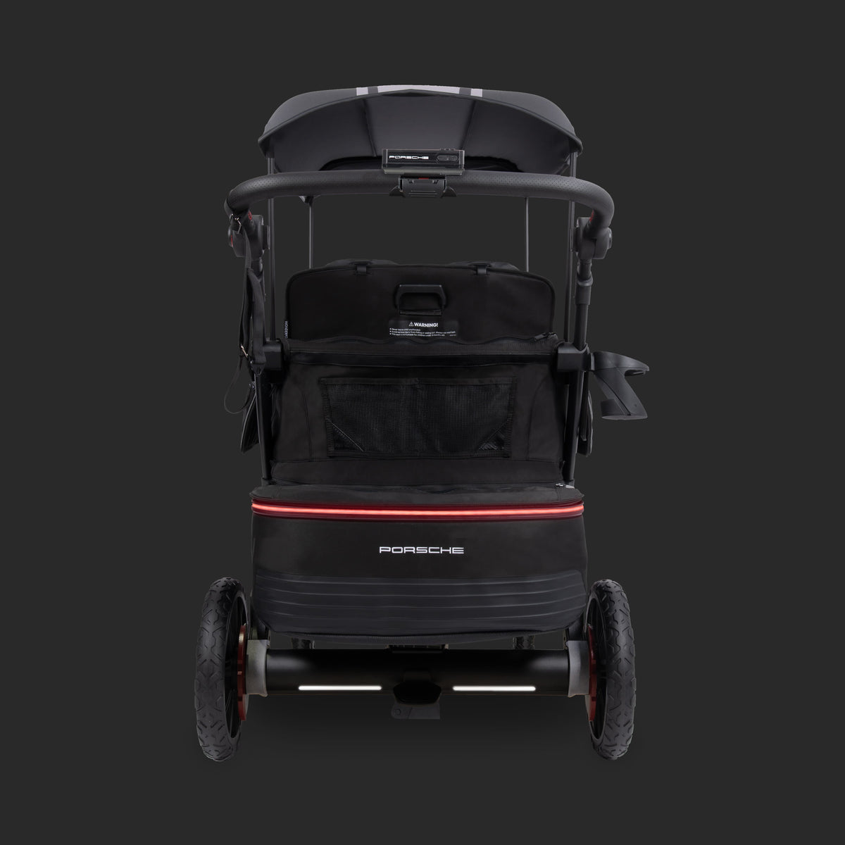 Rear view of WonderFold Porsche stroller wagon with black canopy and red light bar
