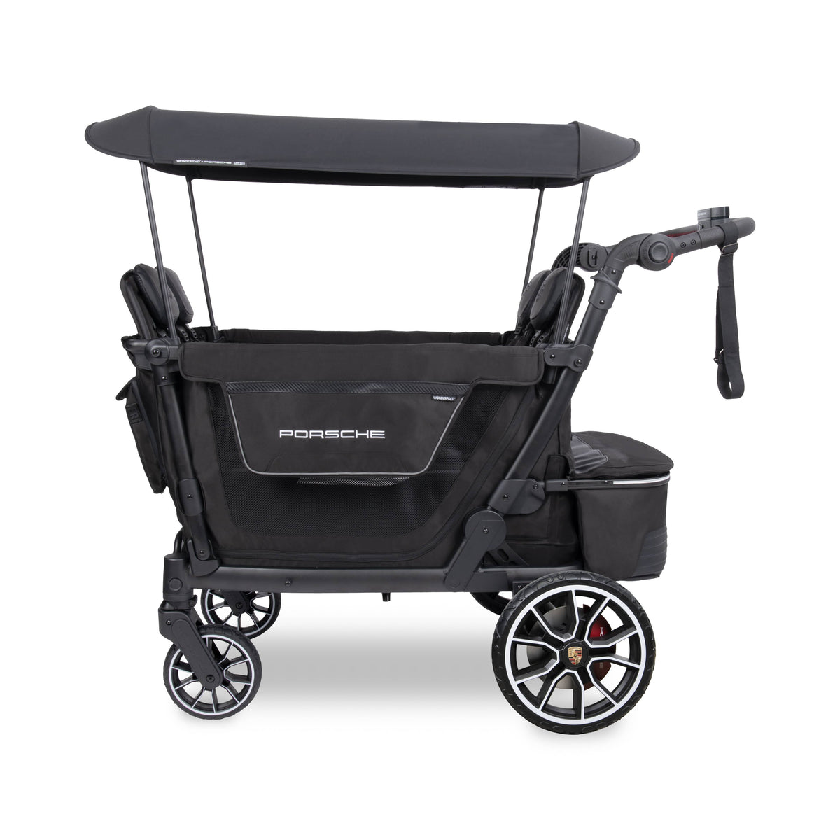 WonderFold Porsche edition black stroller wagon with canopy and branded wheels