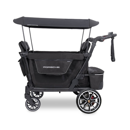 WonderFold Porsche edition black stroller wagon with canopy and branded wheels