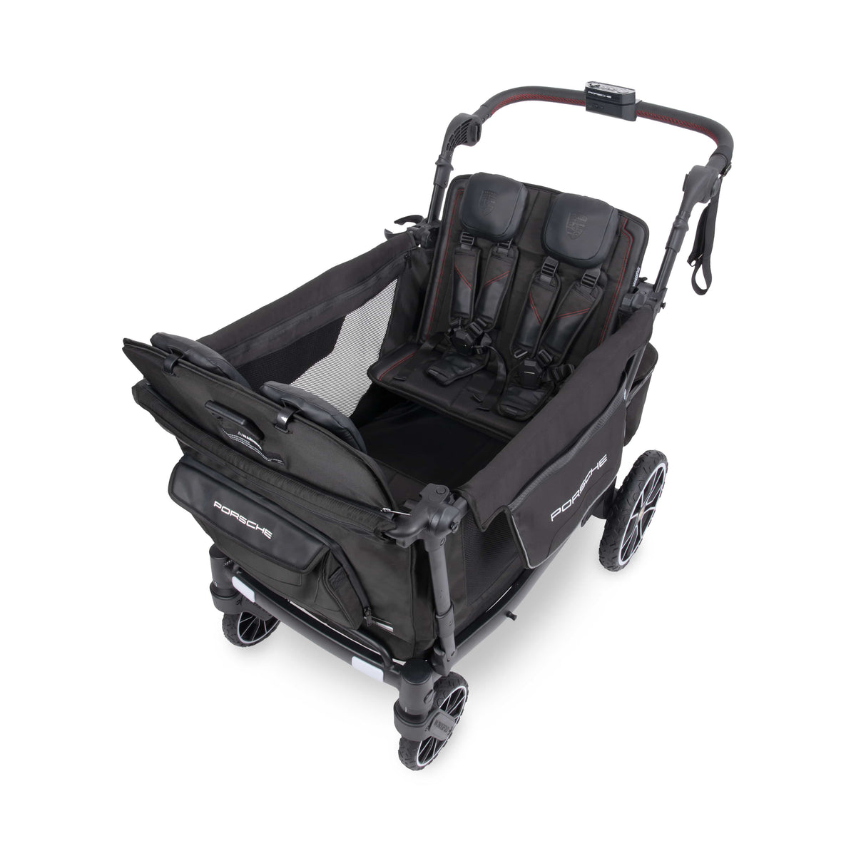 WonderFold Porsche black stroller wagon with two seats and five point harnesses