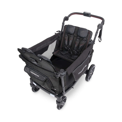 WonderFold Porsche black stroller wagon with two seats and five point harnesses