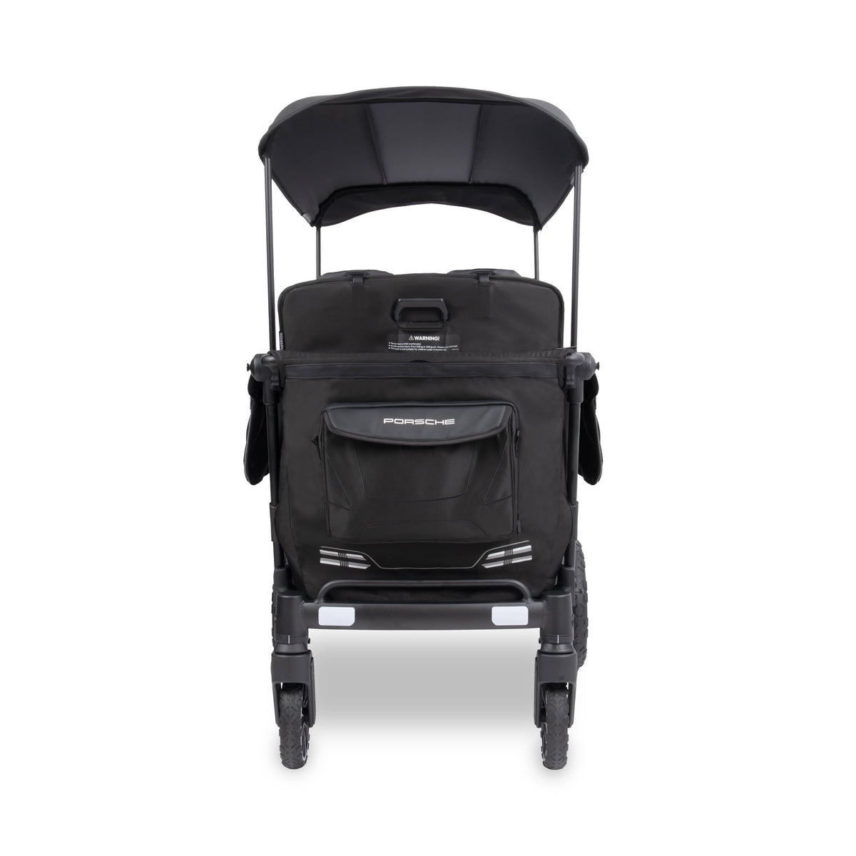 Rear view of black WonderFold Porsche stroller wagon with canopy