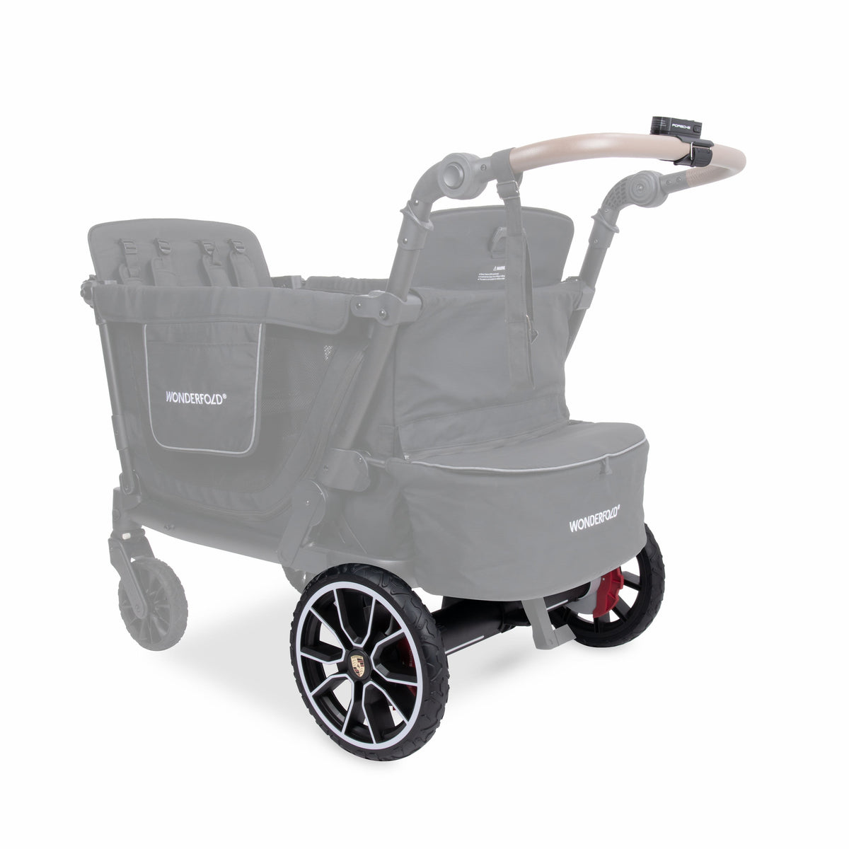 WonderFold stroller wagon with black fabric and Porsche branded wheels