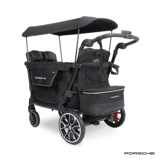 WonderFold Porsche edition stroller wagon with black canopy and wheels