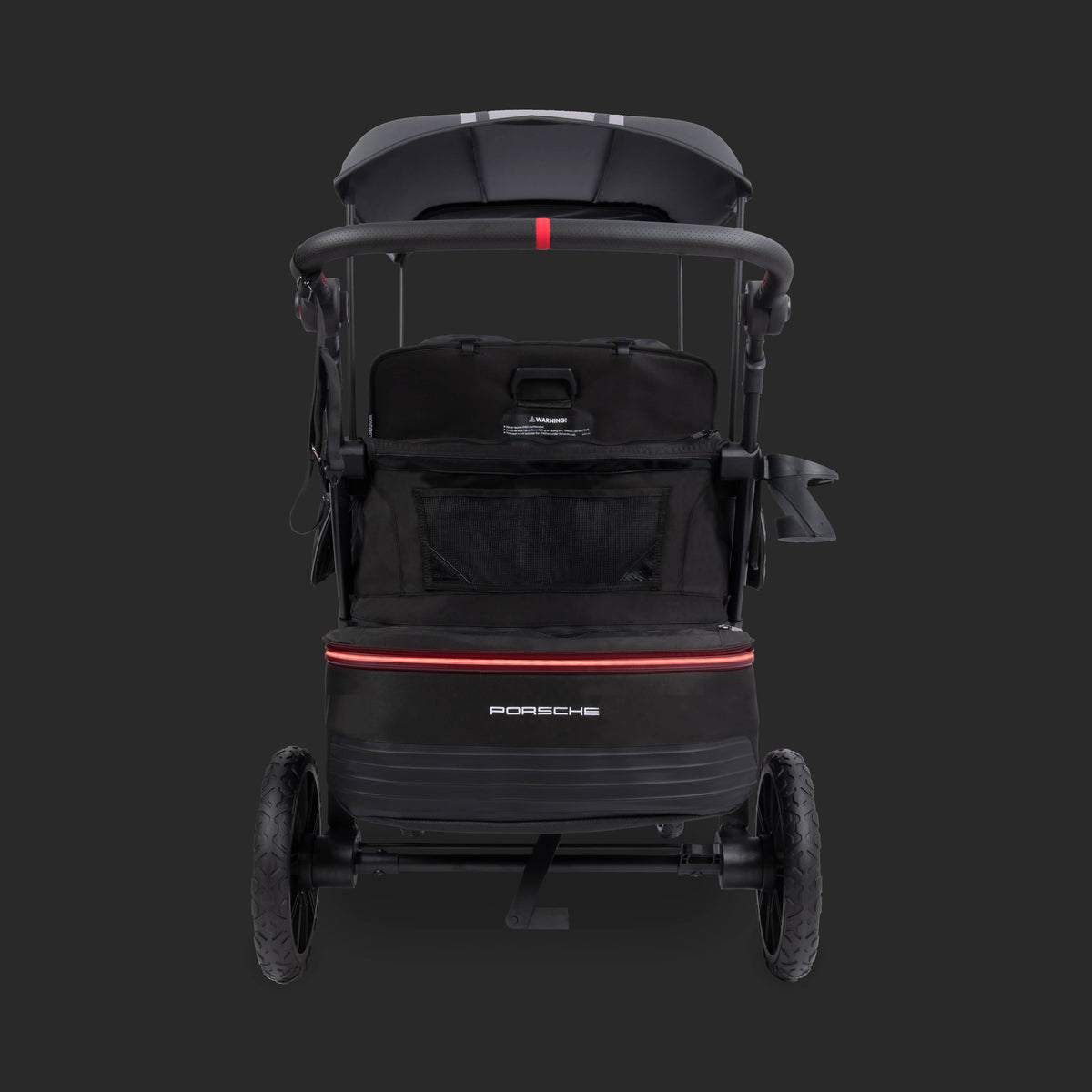 WonderFold Porsche stroller wagon rear view with black frame and canopy