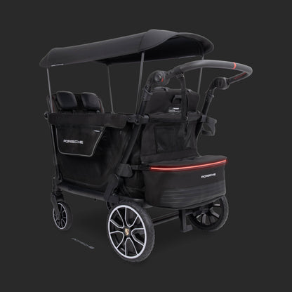 WonderFold Porsche stroller wagon with black canopy and wheels