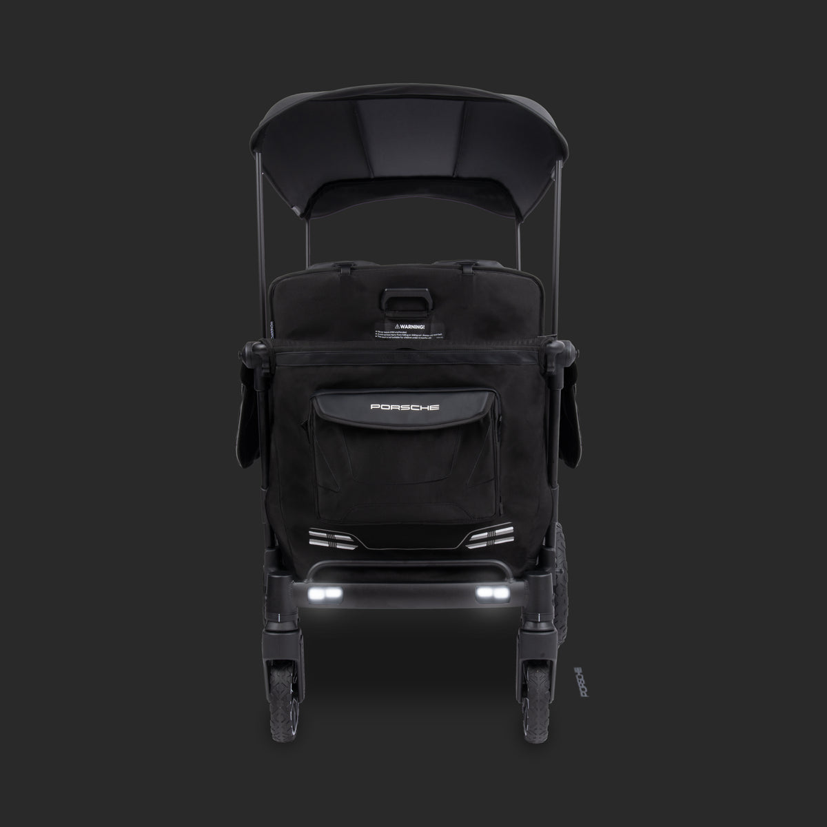 WonderFold Porsche stroller wagon with black fabric and canopy